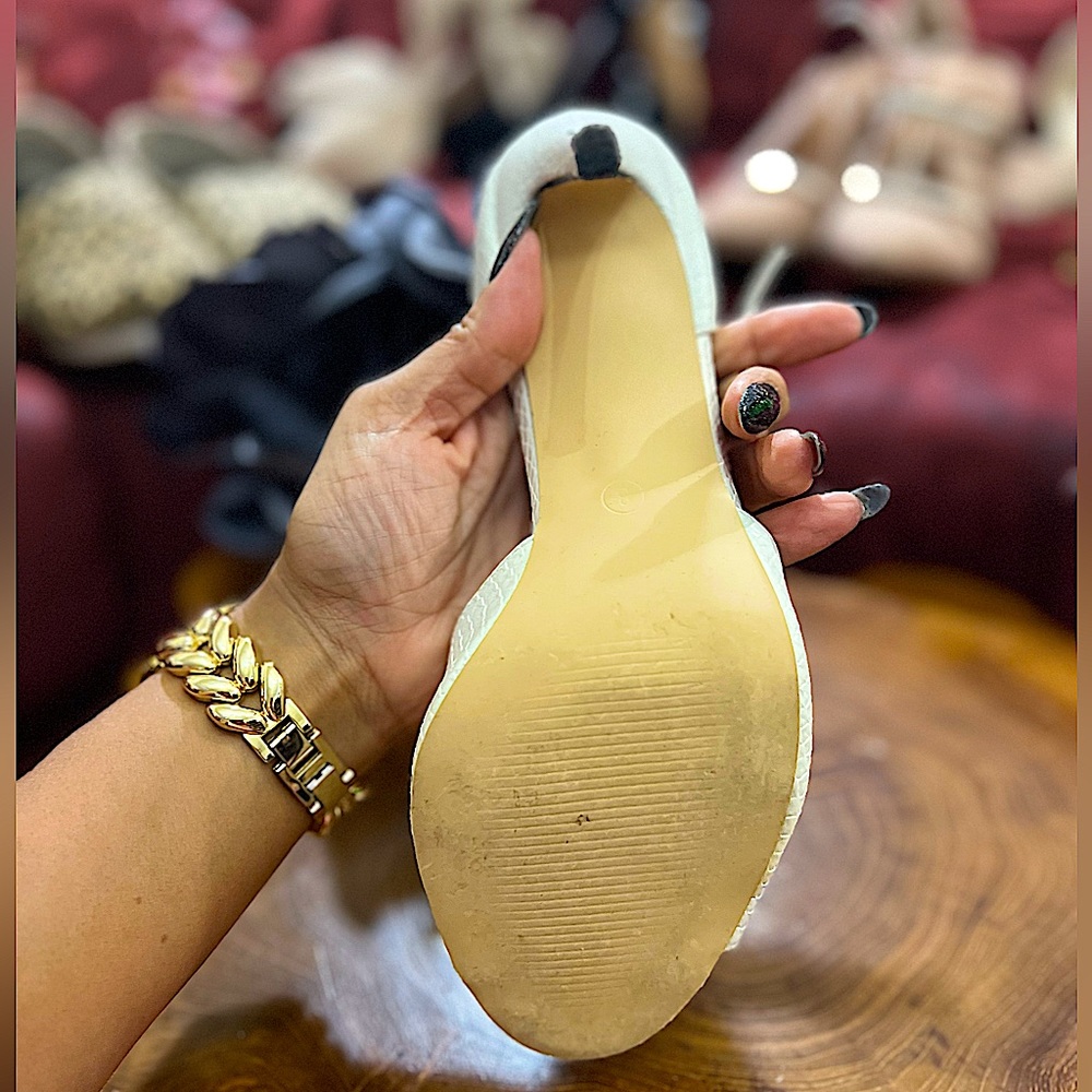 Mary-Jane style White Snakeskin Peep-Toe Stiletto Heels - Picture 8 of 16
